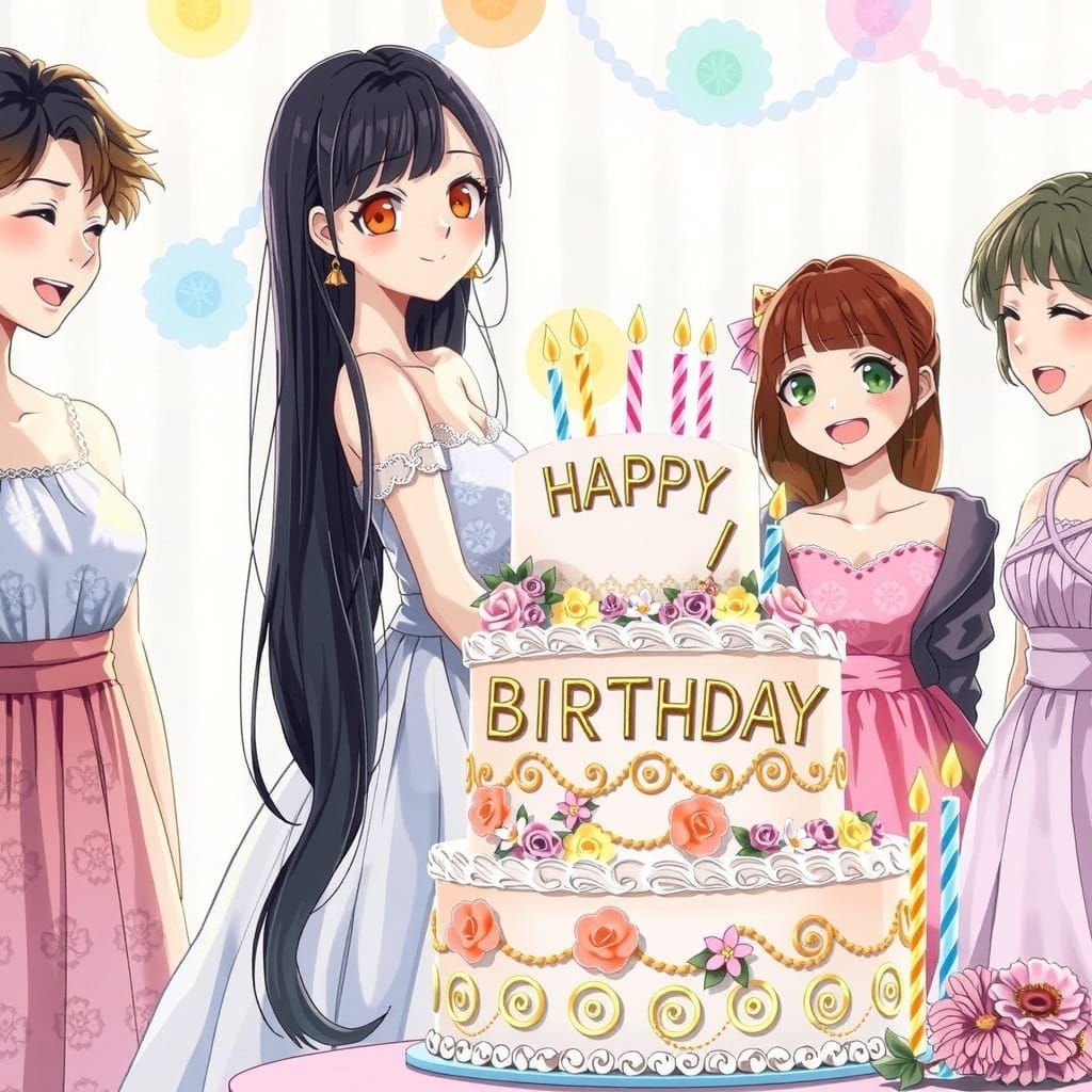 Pastel-Colored Birthday Celebration in Anime Style