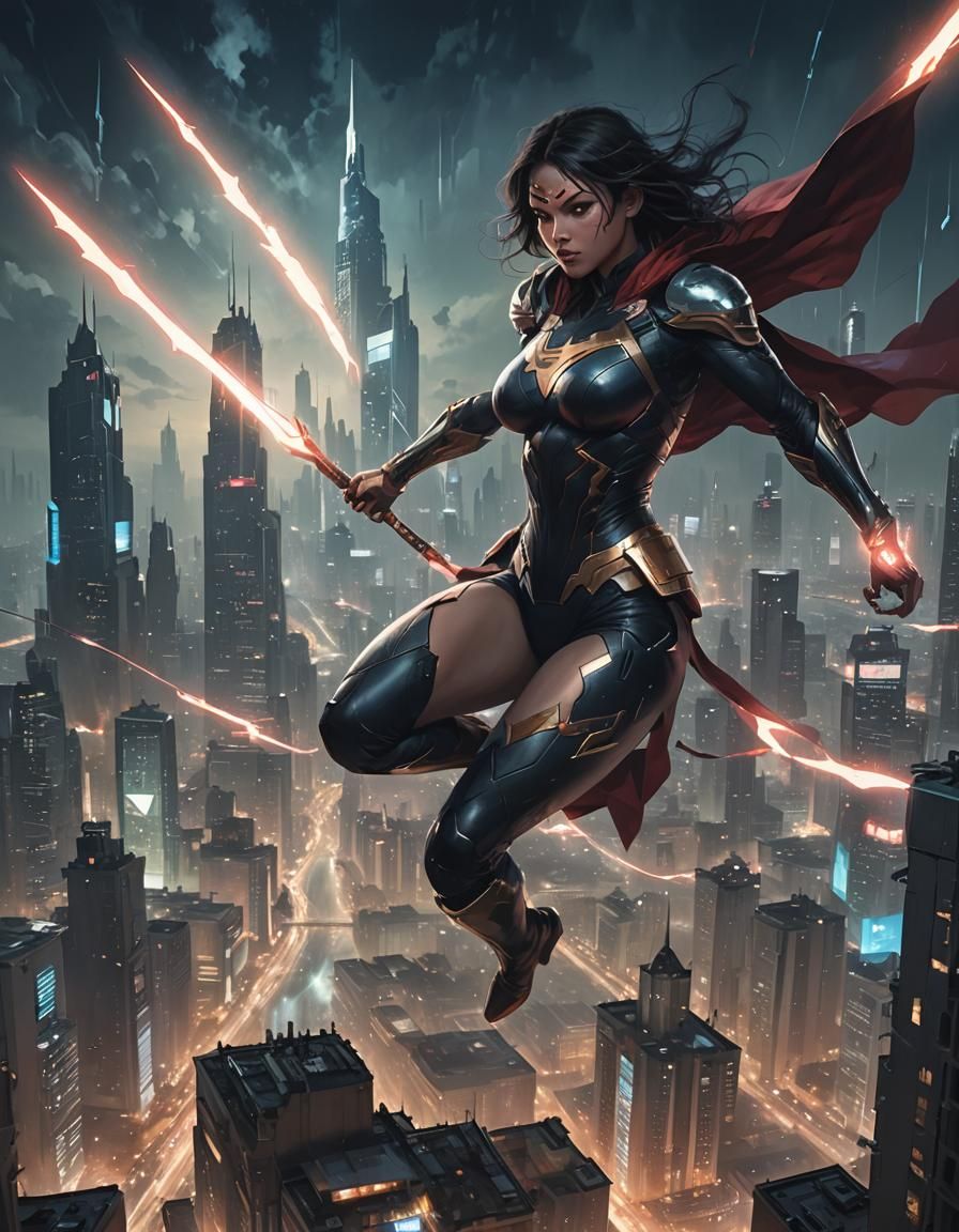 Futuristic Cityscape with Floating Superheroine