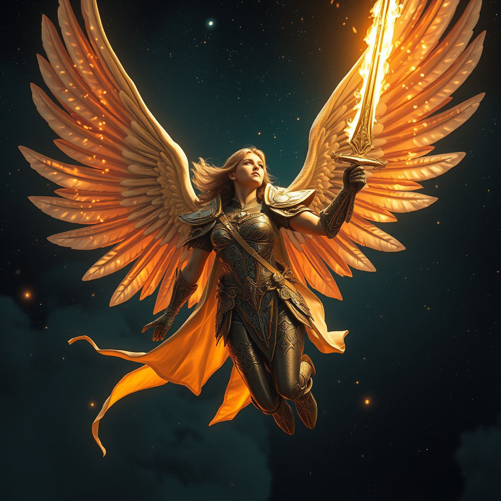 Angelic Warrior Ascends with Flaming Sword