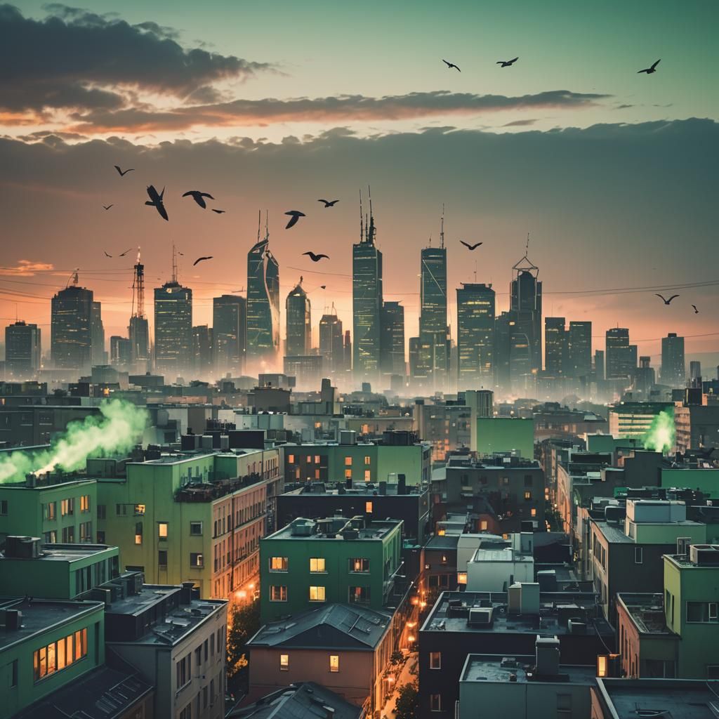 Futuristic Cityscape at Sunset: A Cinematic Photograph