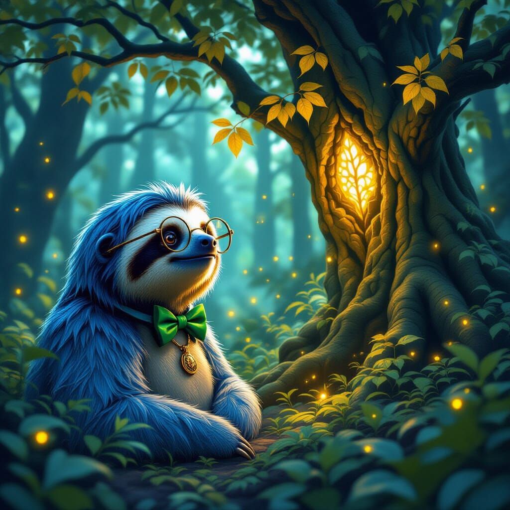 Blue Sloth in Mystical Forest Clearing