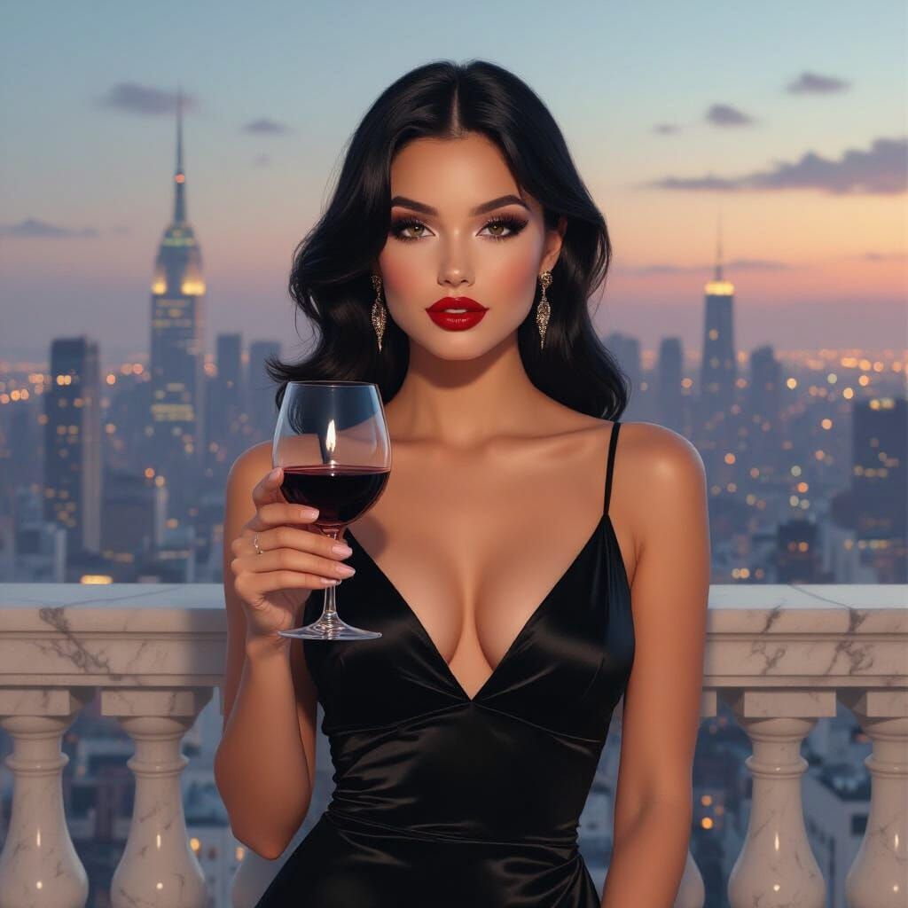 Twilight City View: Confident Woman on Balcony