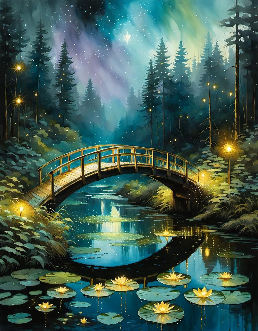 Magical Bioluminescent Bridge in Dark Forest, Watercolor