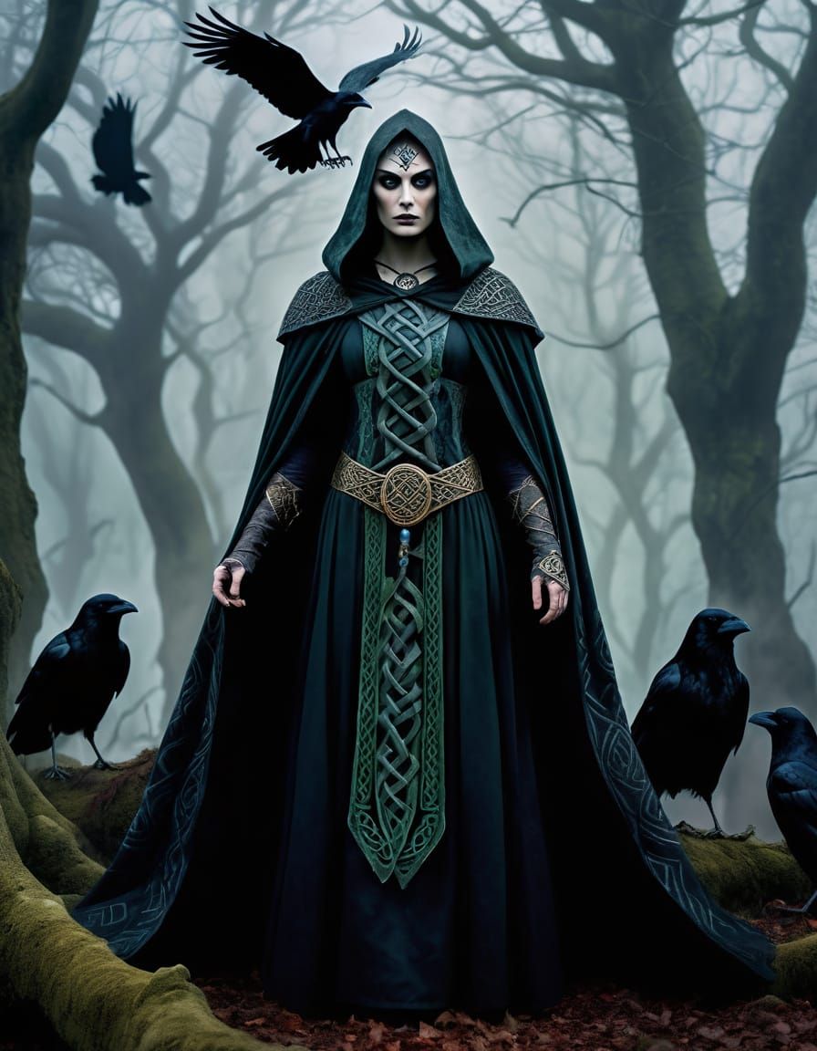 Morrigan Goddess of War and Fate in Misty Celtic Forest