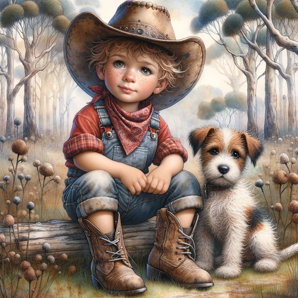 Cowboy Boy and Puppy in Alcohol Ink Wash Style