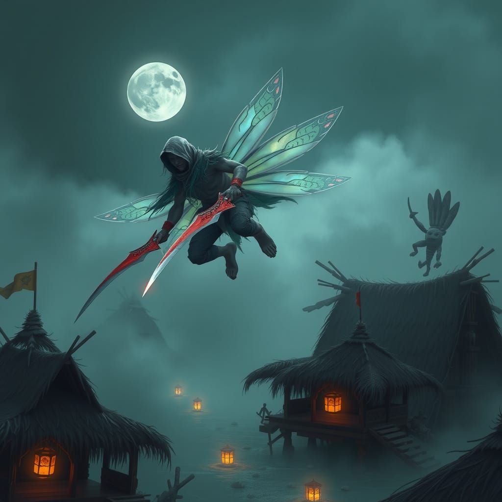 Mystical Amphibious Warrior Soars Through Moonlit Skies