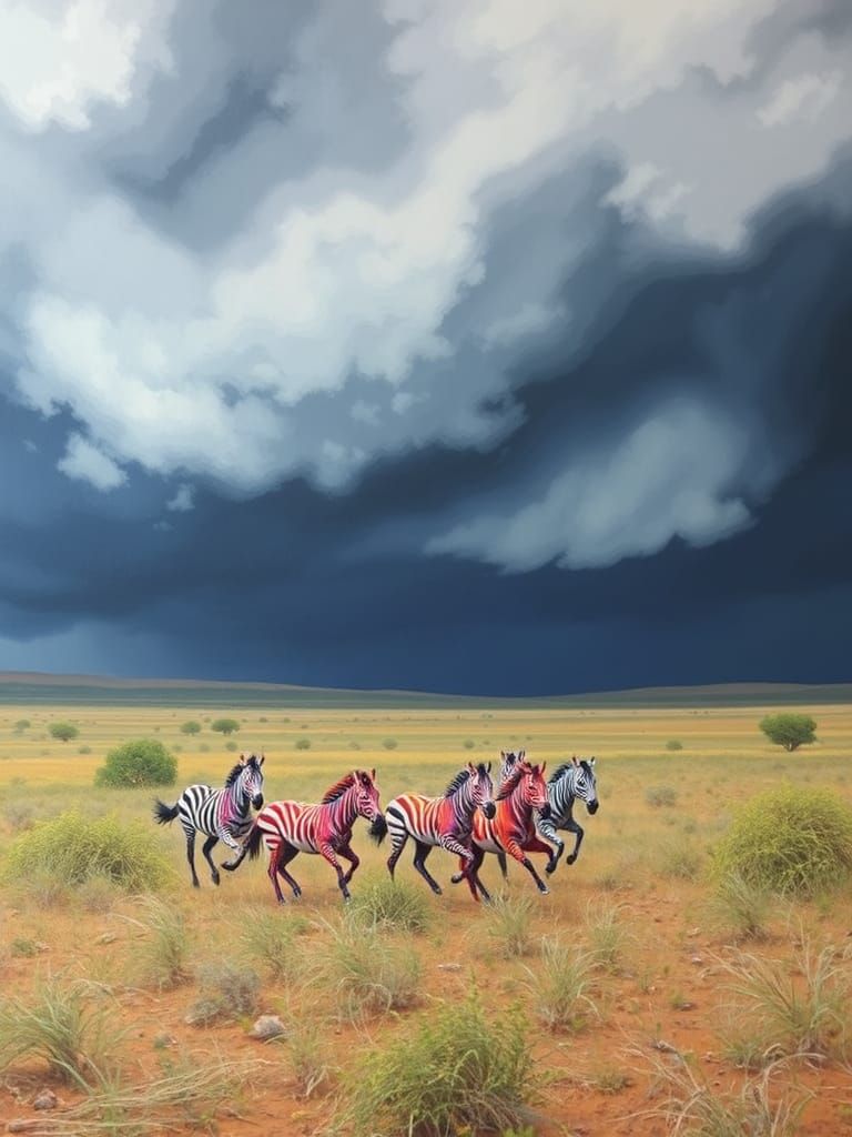 Surreal Savannah Storm with Colorful Zebras
