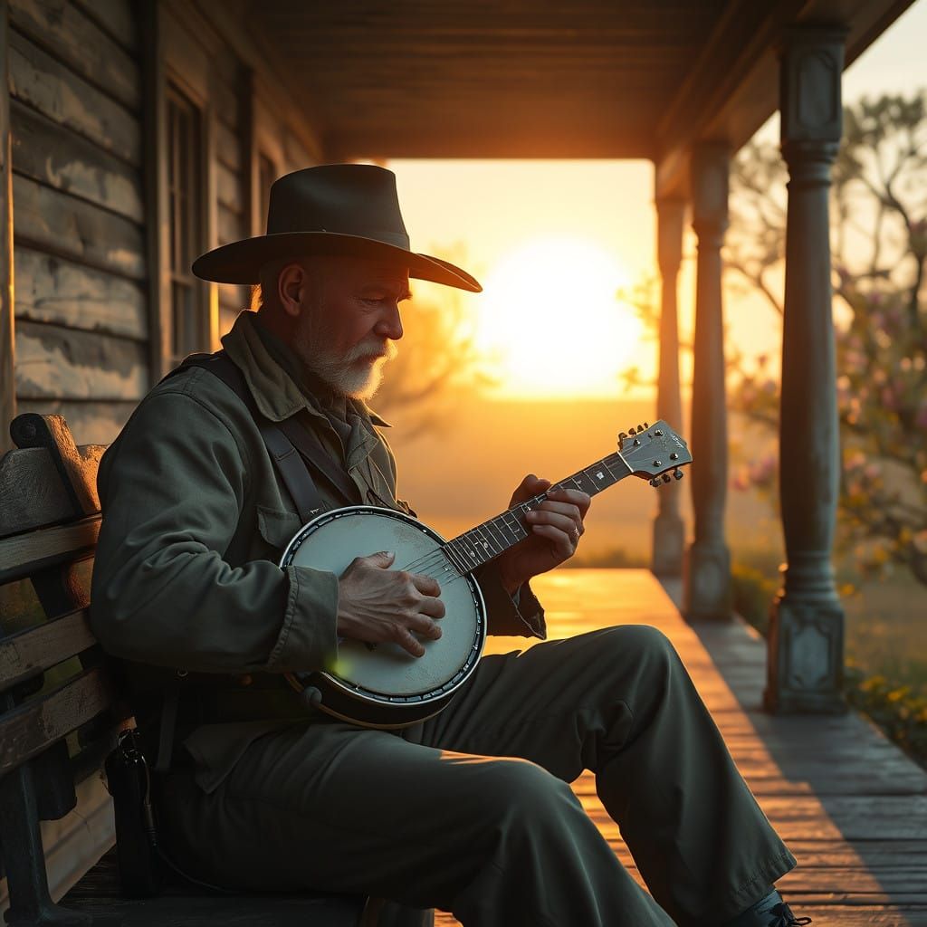 Confederate Soldier Plays Banjo on Grand Antebellum Porch