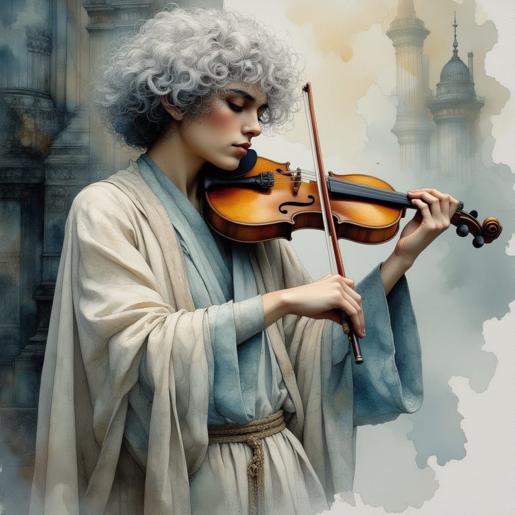 Soulful Violinist in Moody Art Nouveau Watercolor Style