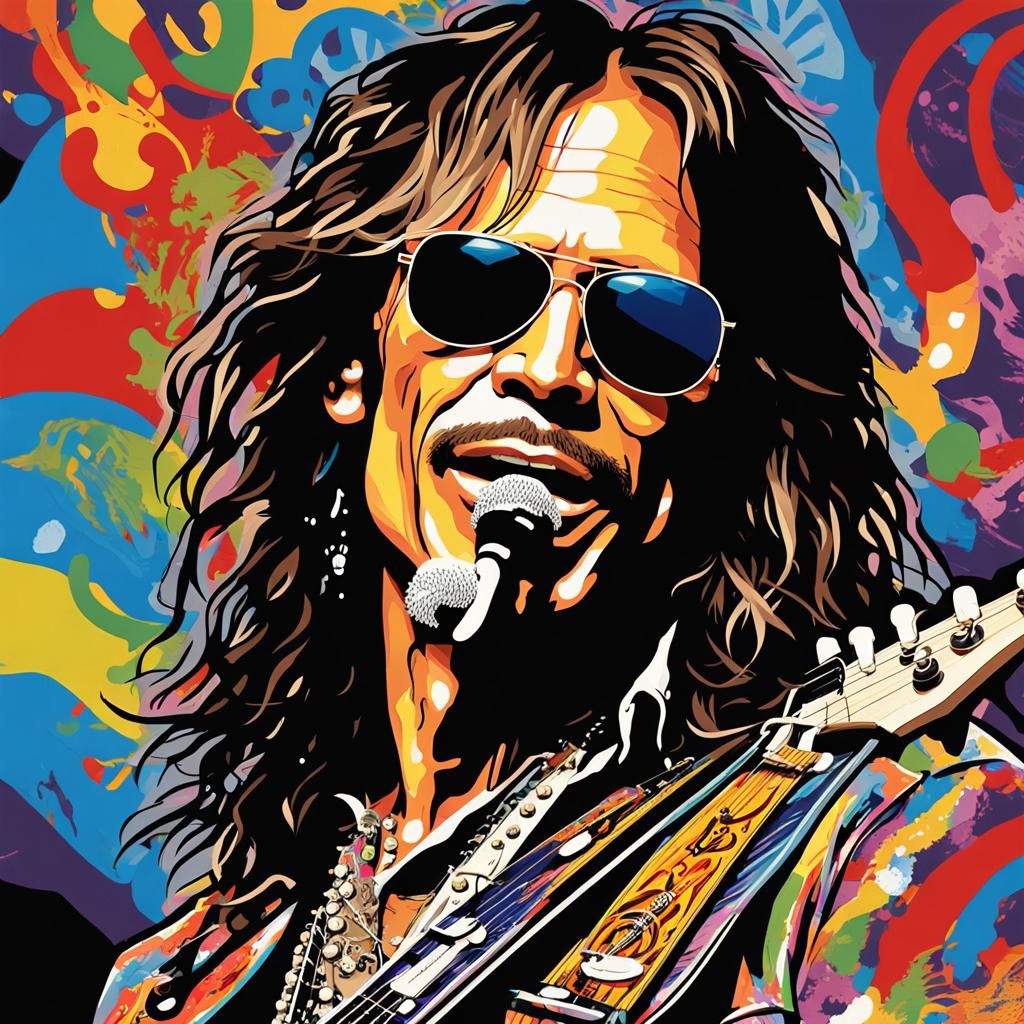 Rock Star Portrait with Guitar in Abstract Style