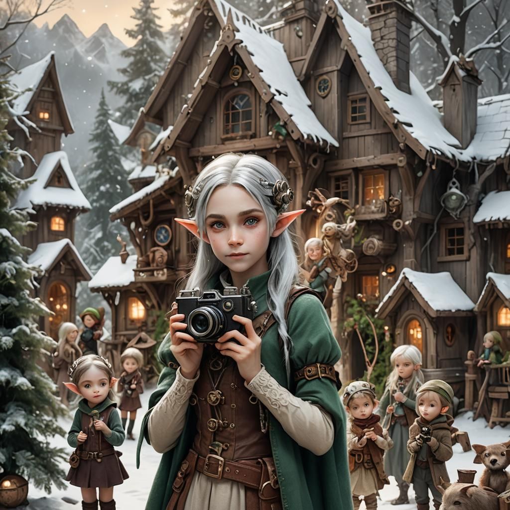 Enchanting Elf Woman with Steampunk Camera in Fantasy Forest