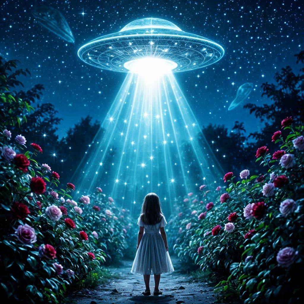 Girl and UFO in Enchanted Rose Garden