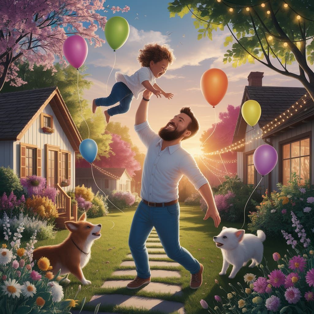 Joyful Father and Child in Whimsical Garden