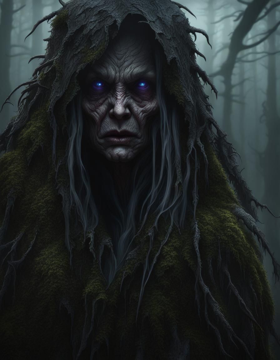Evil Hag in Misty Forest: Dark Fantasy Concept Art