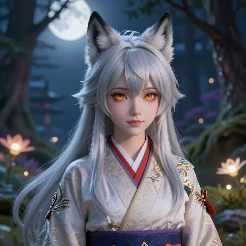 Noble Woman with Wolf Features in Ancient Forest