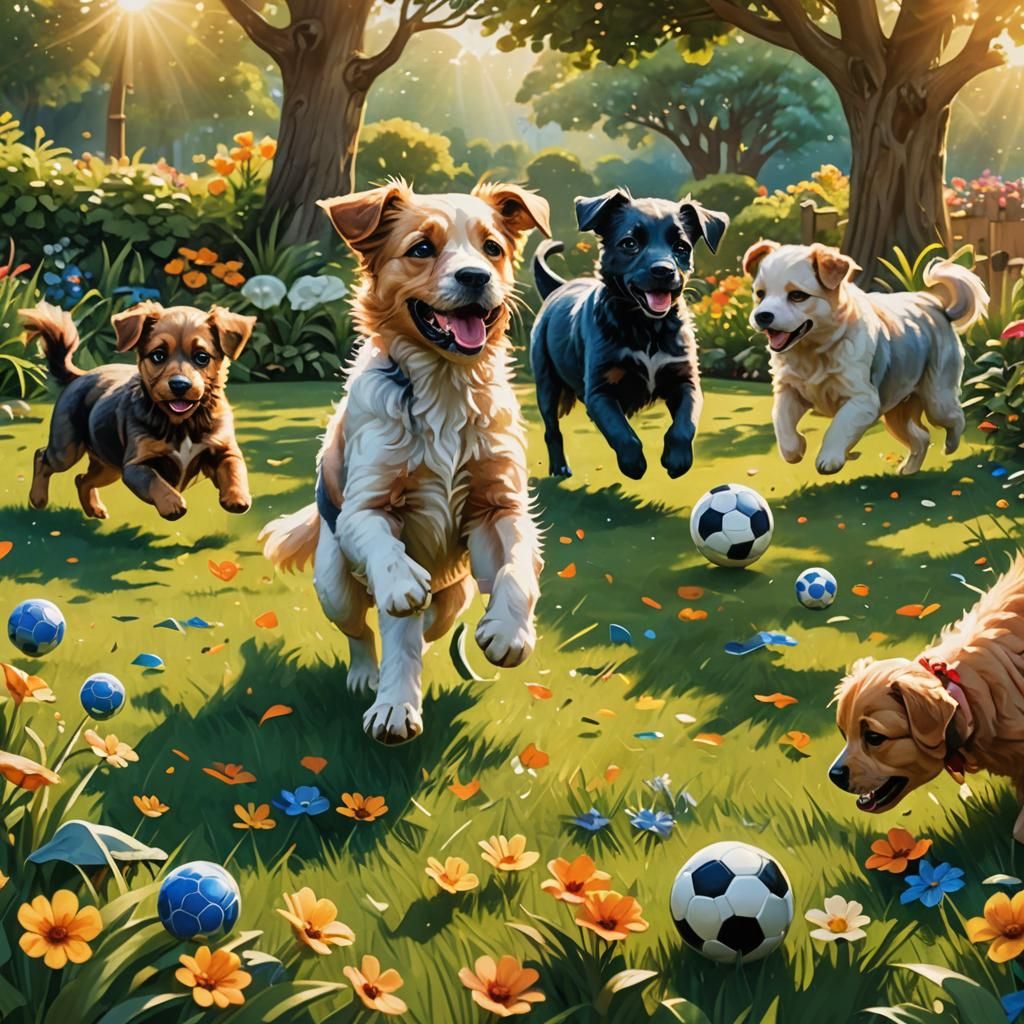 Puppies Play Football in Lush Garden: Fantasy Illustration