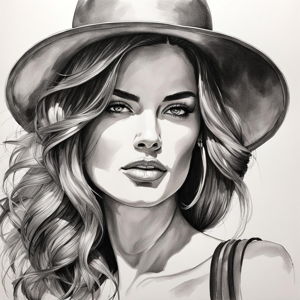 Elegant Pencil and Ink Sketch of a Woman