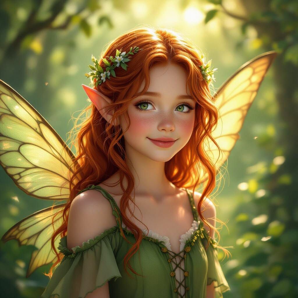 Red-Haired Fairy Girl in Enchanted Forest at Golden Hour