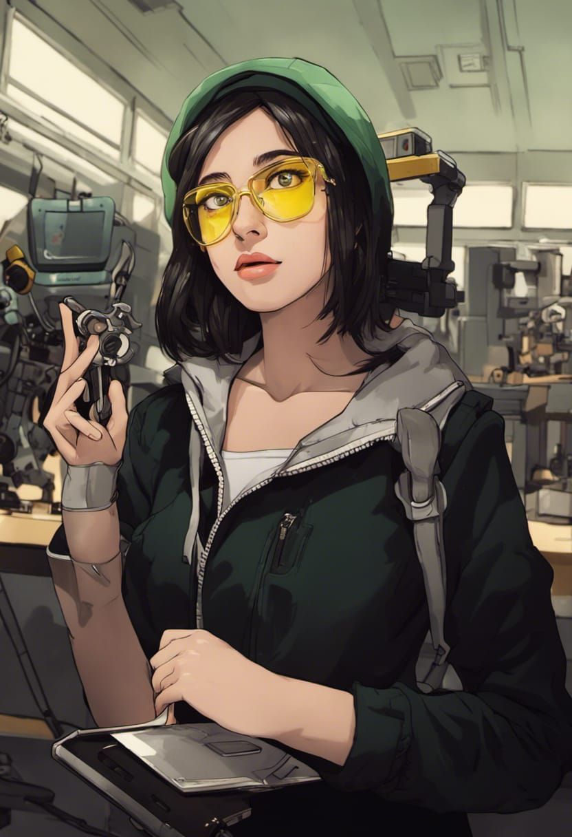 Anime Style Tech Girl with Robot in Lab