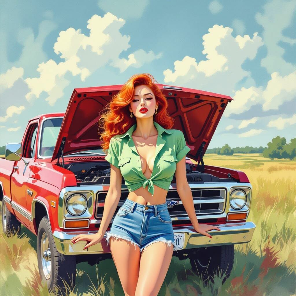 Redhead and Truck: Chinese Landscape Watercolor