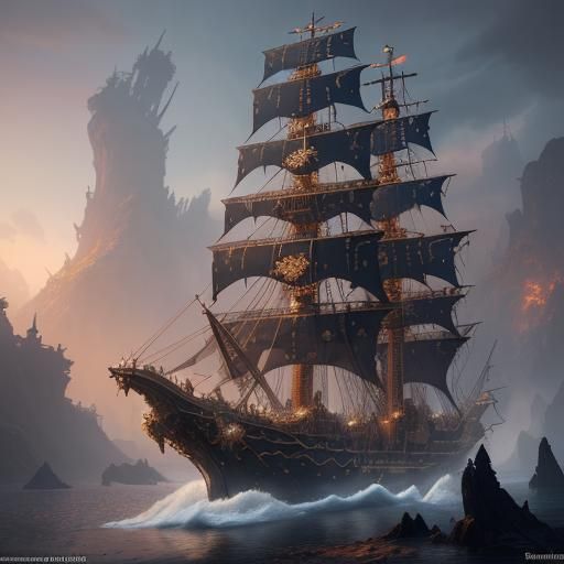 Jewel Encrusted Pirate Ship in Detailed Digital Painting