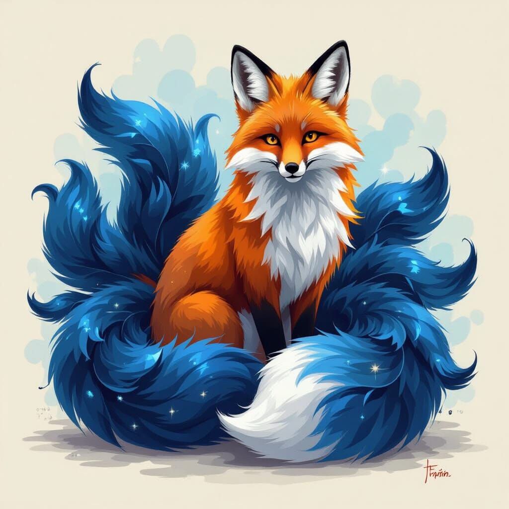 Mystical Nine-Tailed Fox in Vibrant, Detailed Digital Art