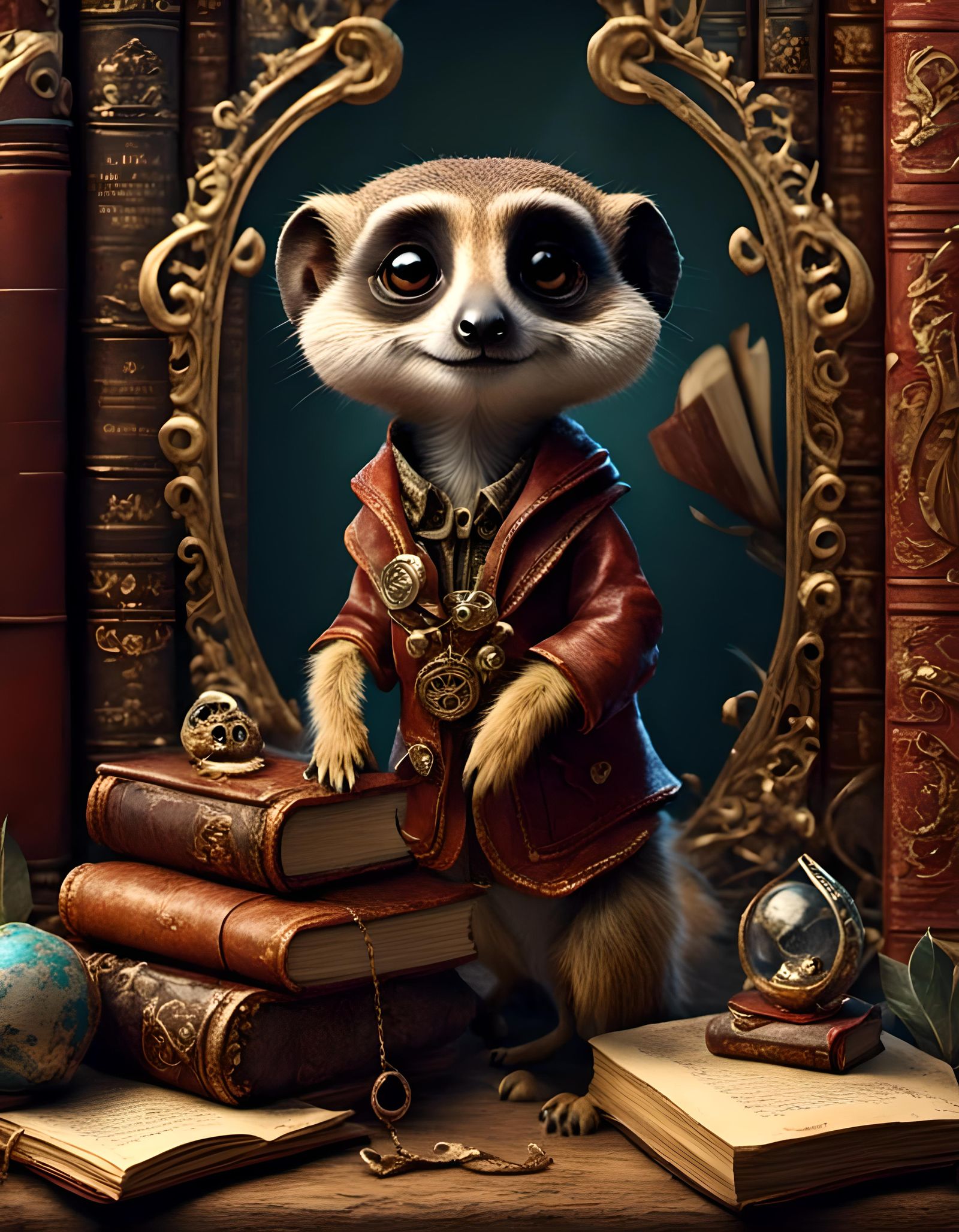 Whimsical Meerkat Surrounded by Leather Bound Books