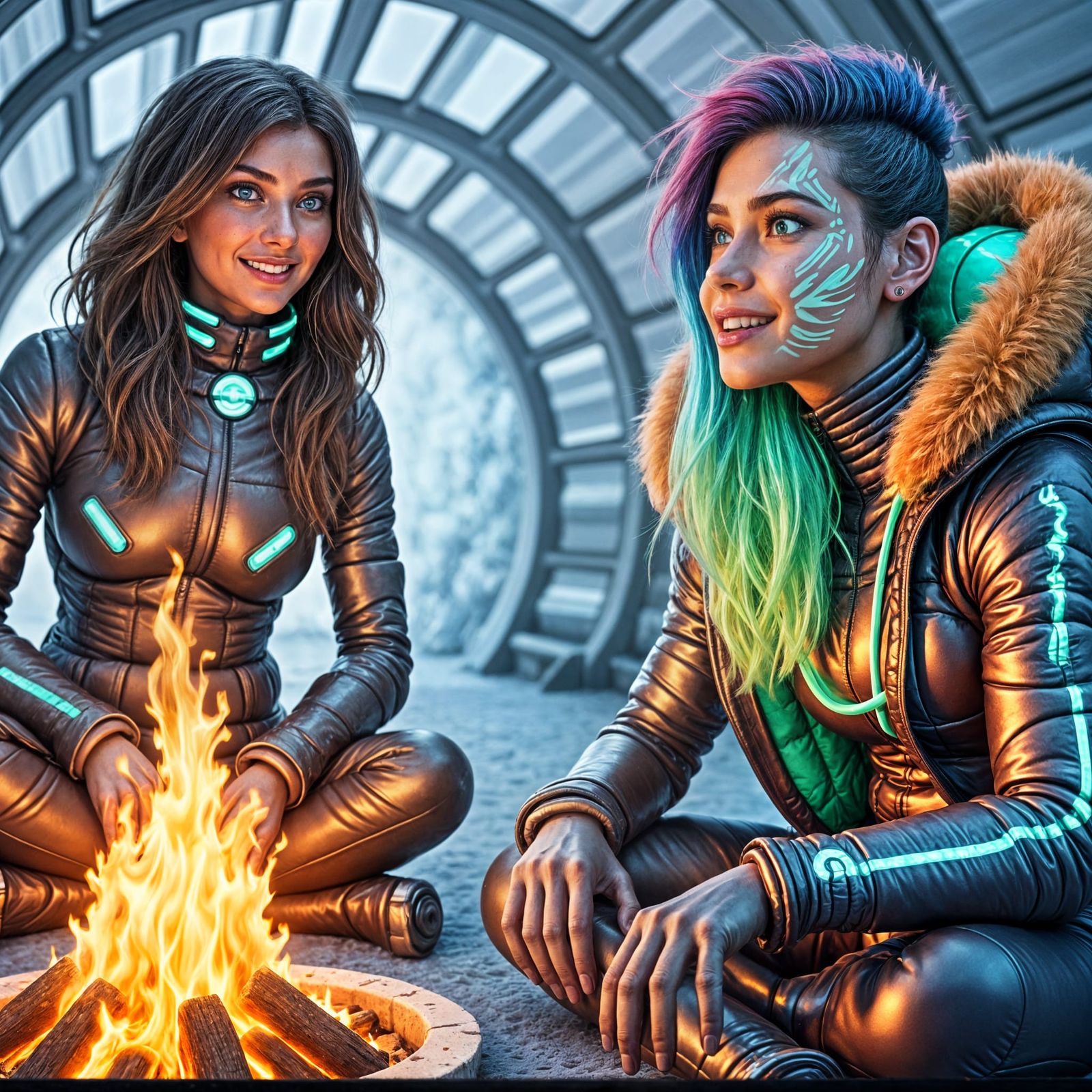 Futuristic Friends Chatting by Fire in Igloo