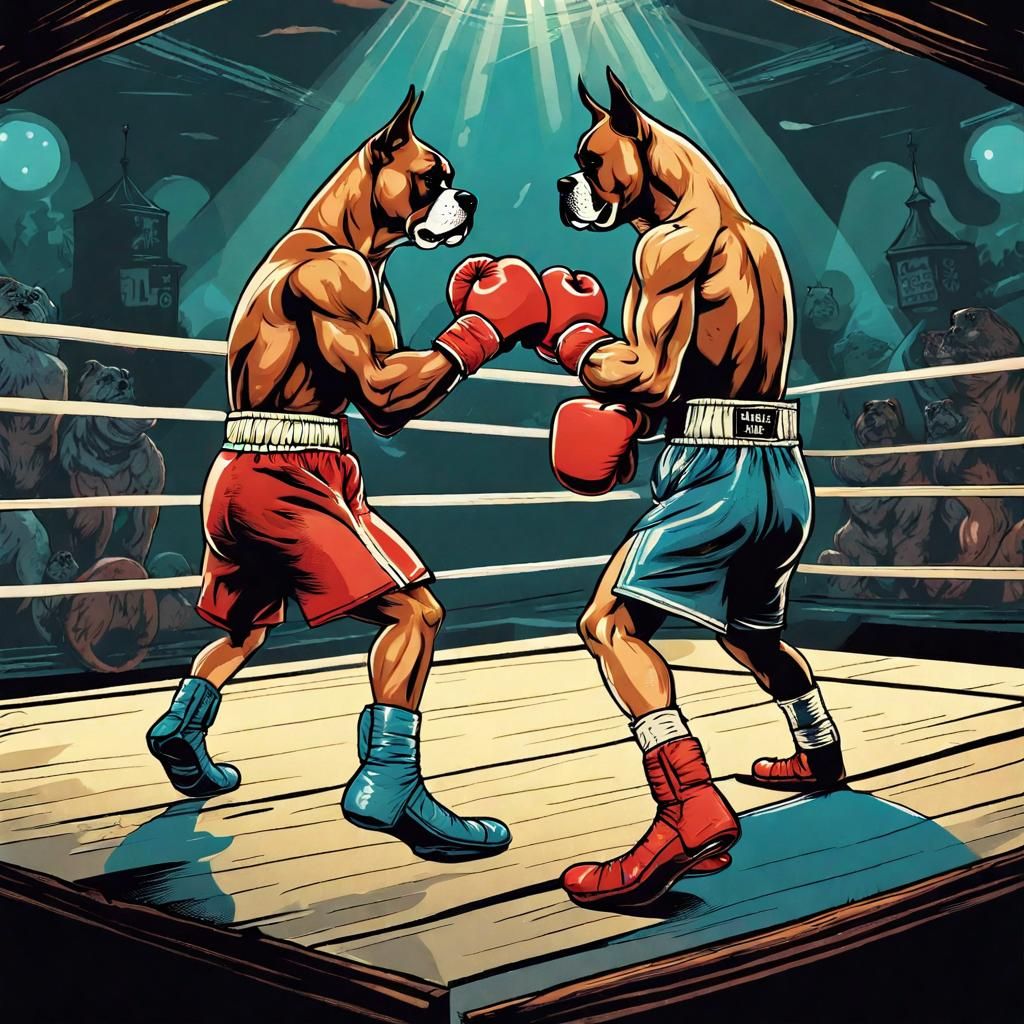 Boxer Dogs Boxing in Dark Fantasy Comic Style
