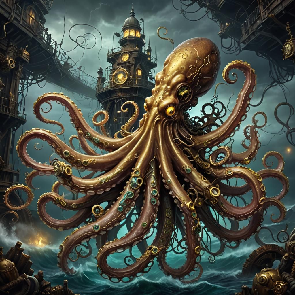 Steampunk Octopus Rising from the Deep Sea