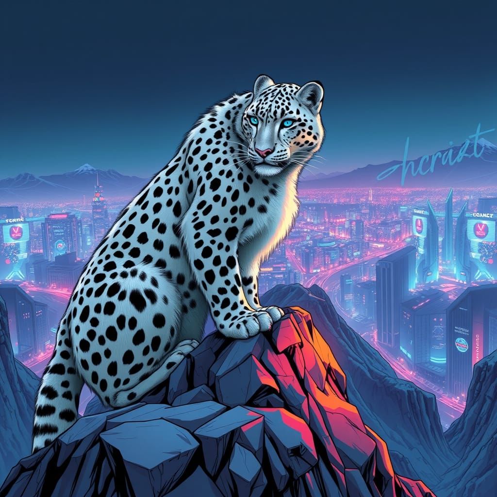 Snow Leopard Over Cyberpunk City, Digital Art