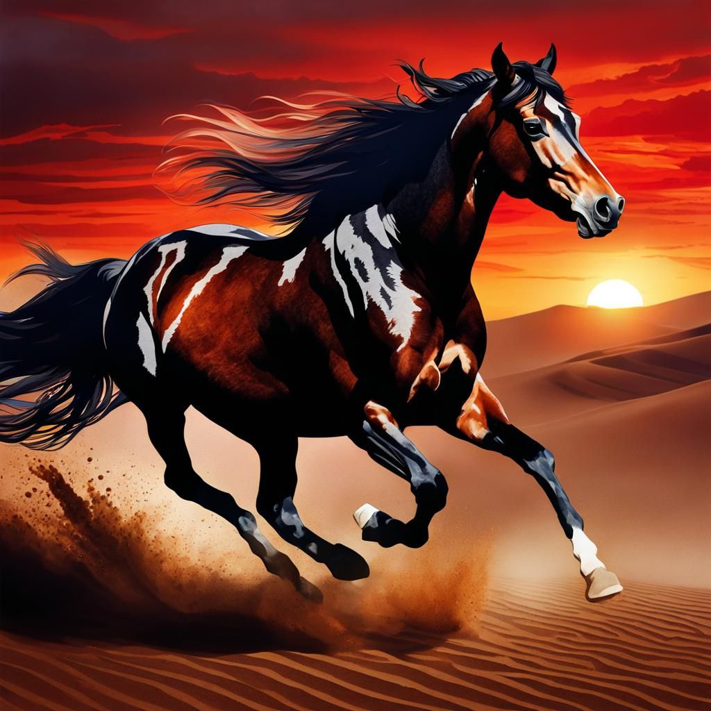 Wild Horse Galloping Through Desert at Sunset