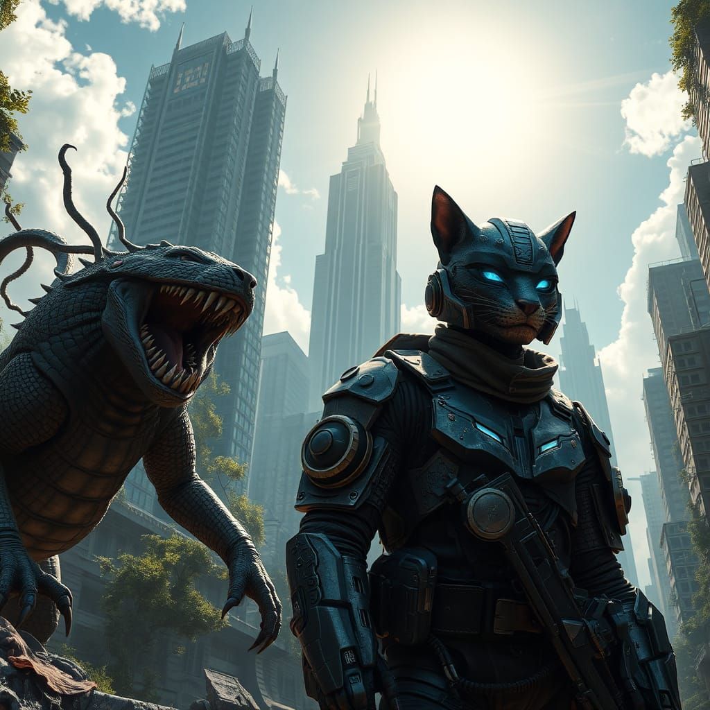 Futuristic Soldier and Robotic Cat in Ruined Cityscape