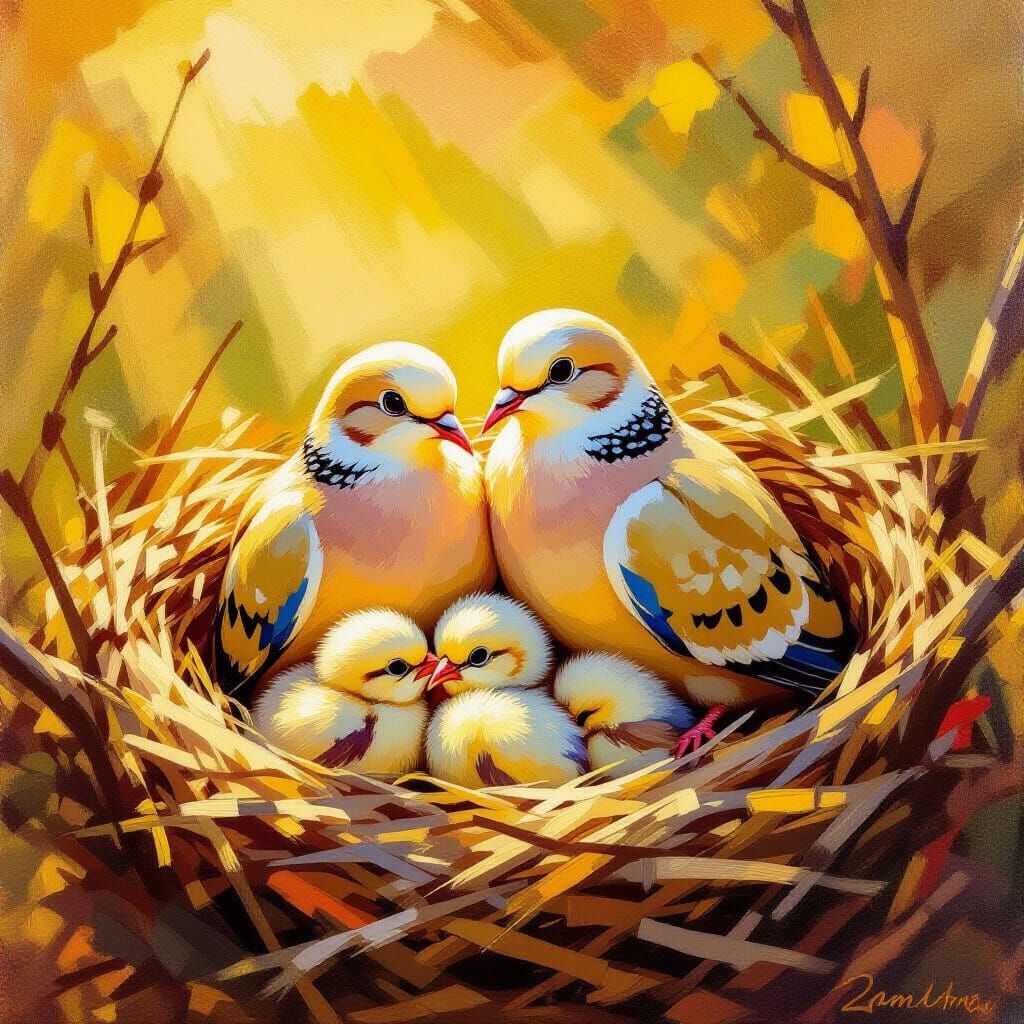 Cozy Dove Family in Warm Impressionistic Oil Painting