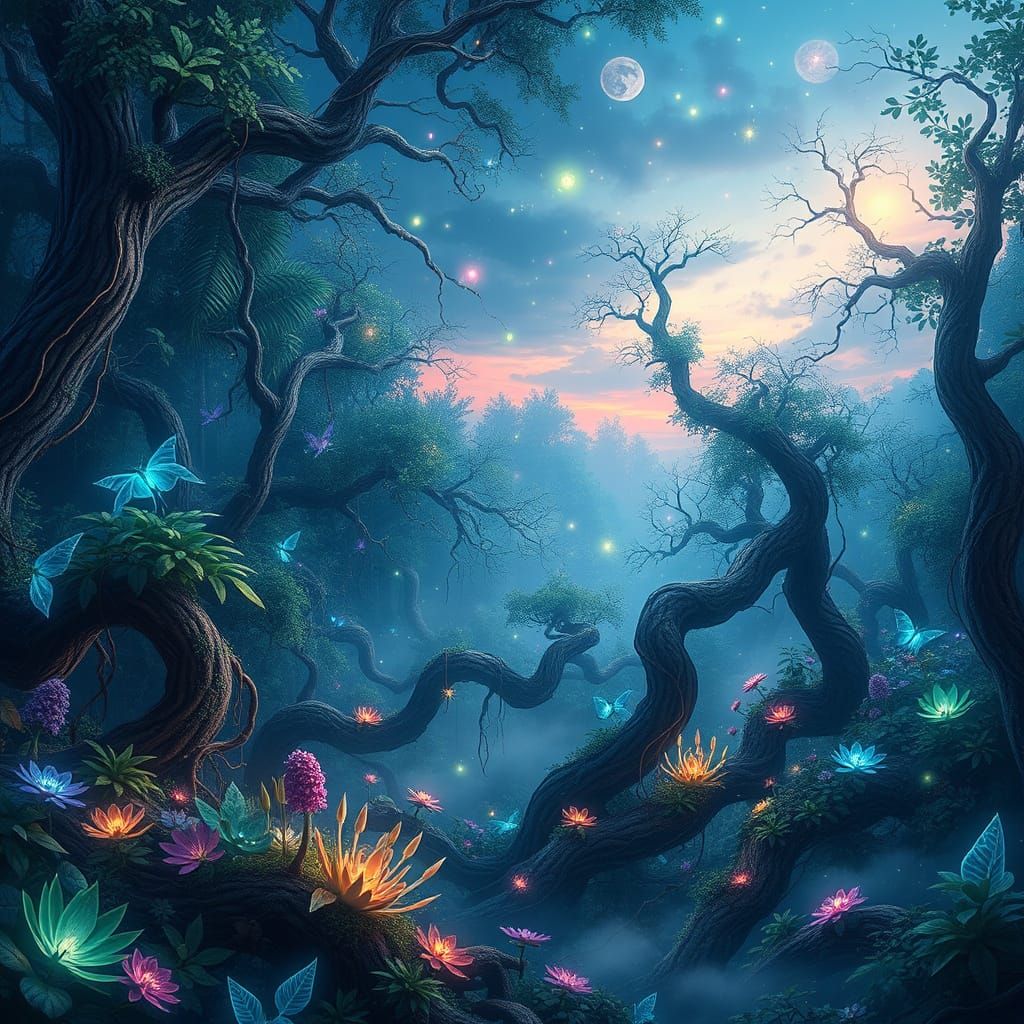 Neon Dreamscape: A Glowing, Primeval Forest Under Twilight S...