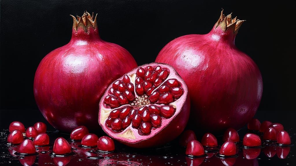 Burgundy Pomegranate Still Life in Acrylic Gouache