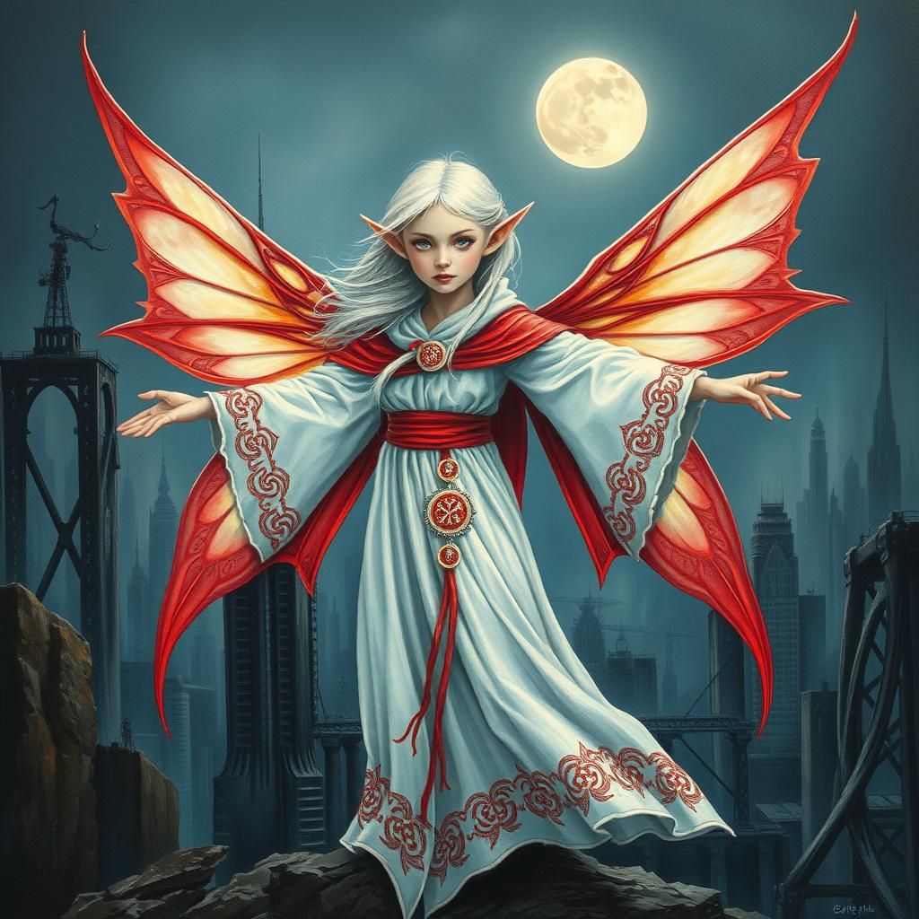 Fairy Elf in Dystopian Cityscape with Ethereal Wings