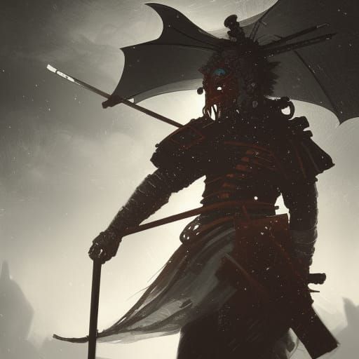 Samurai Oni Mask Fighting Dragon in Dark Fantasy Style