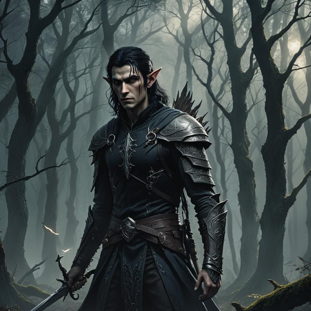Elf Assassin in Misty Forest: Dark Fantasy Art