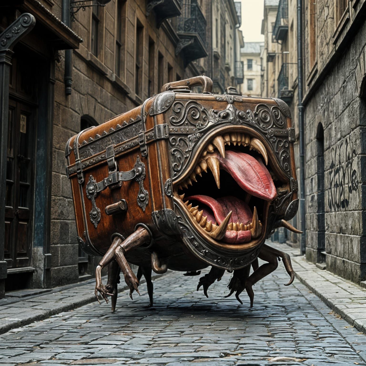 Giant Luggage Monster Runs Down Cobblestone Street