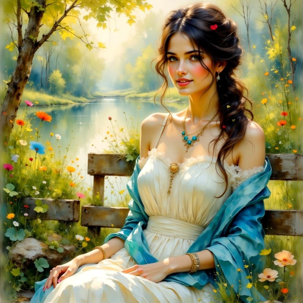 Watercolor Painting of a Lady by the River