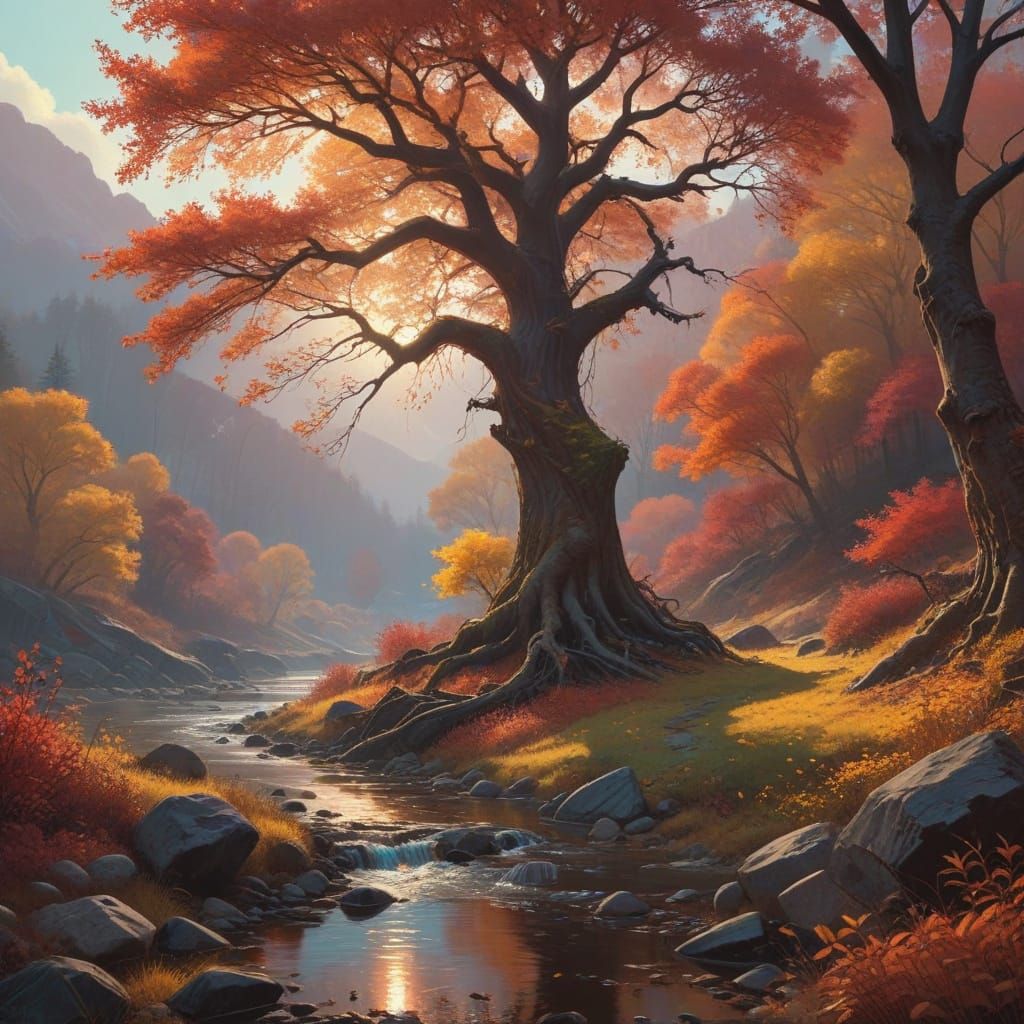 Fantasy Autumn Landscape with Ancient Tree and Winding River