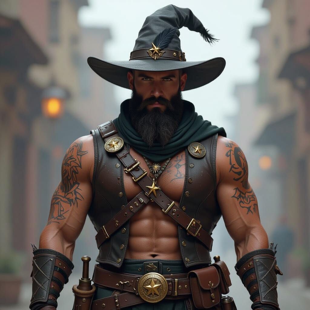Muscular Wizard with Constellation Tattoos and Leather Hat