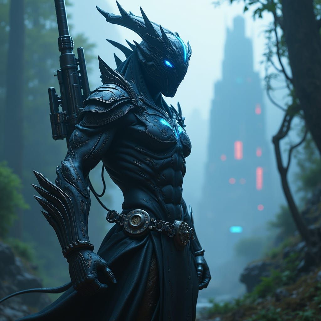 Gritty Future Warrior in Dark Metallic Armor Stands Tall