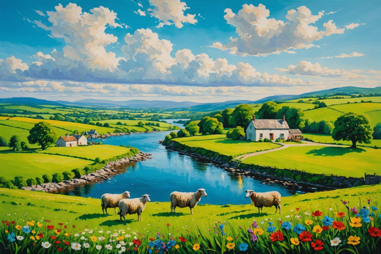 Green Irish Landscape Impasto Painting with Sheep