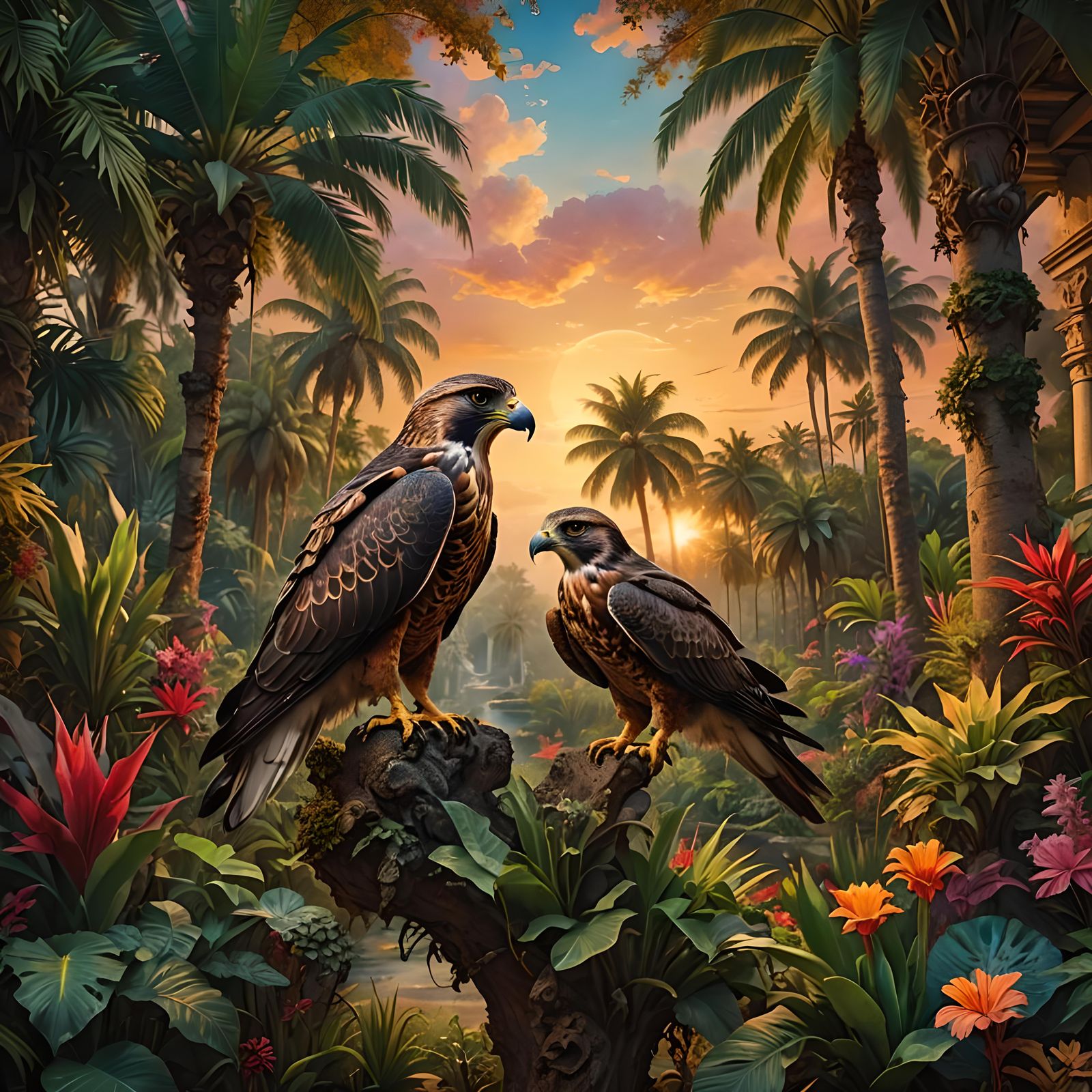 Falcon in Tropical Garden Sunset as Digital Painting