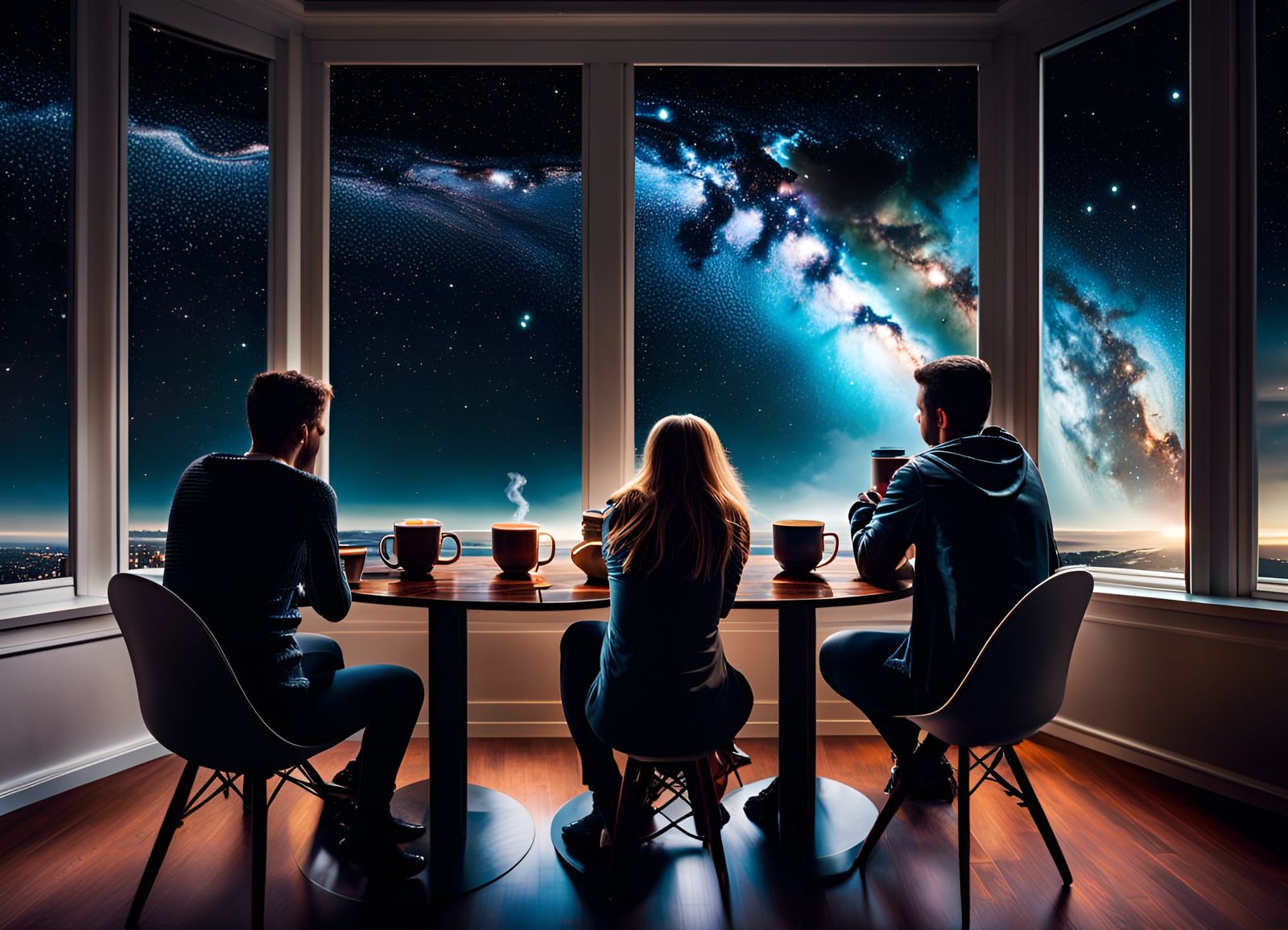 Friends Enjoying Coffee with Galaxy View