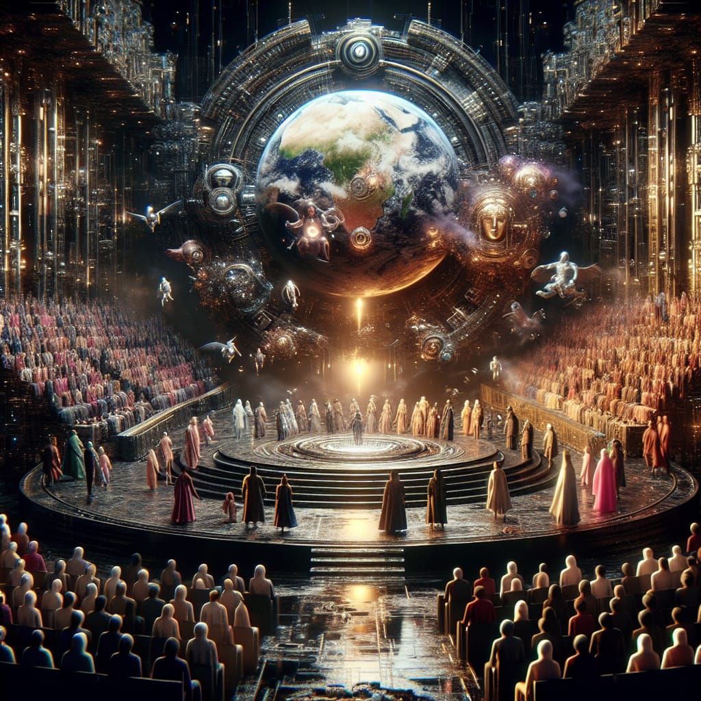 Futuristic Earth: AI Temple Gathering in Dark Synth Style