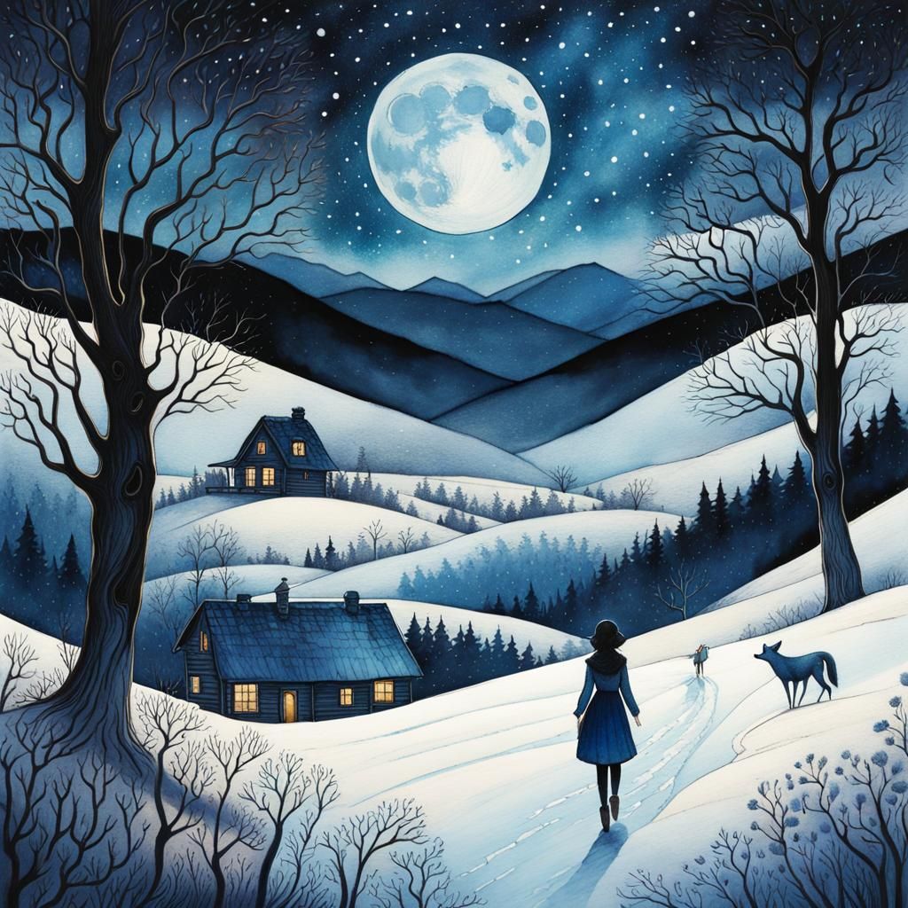 Blue Moonscape: Watercolor Illustration of Snowy Cottage