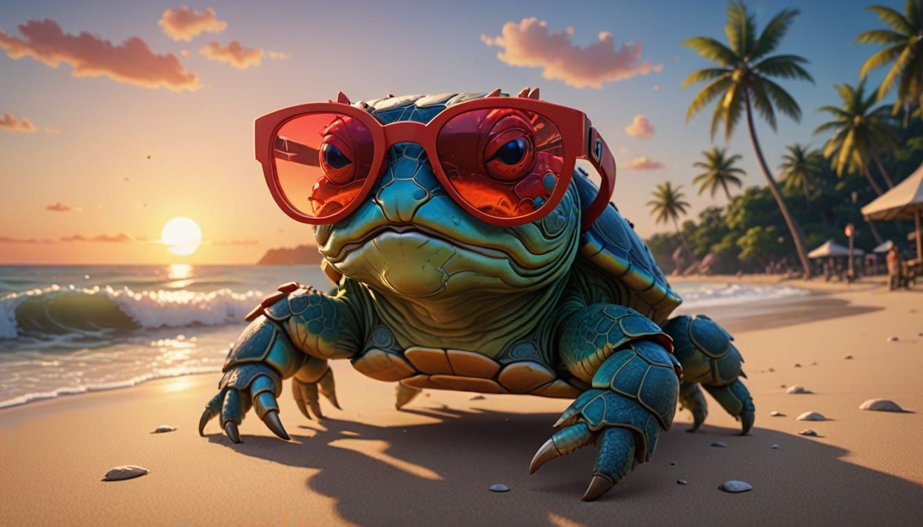 Crab's Trip: Turtle's Sunset in 3D Anime Art